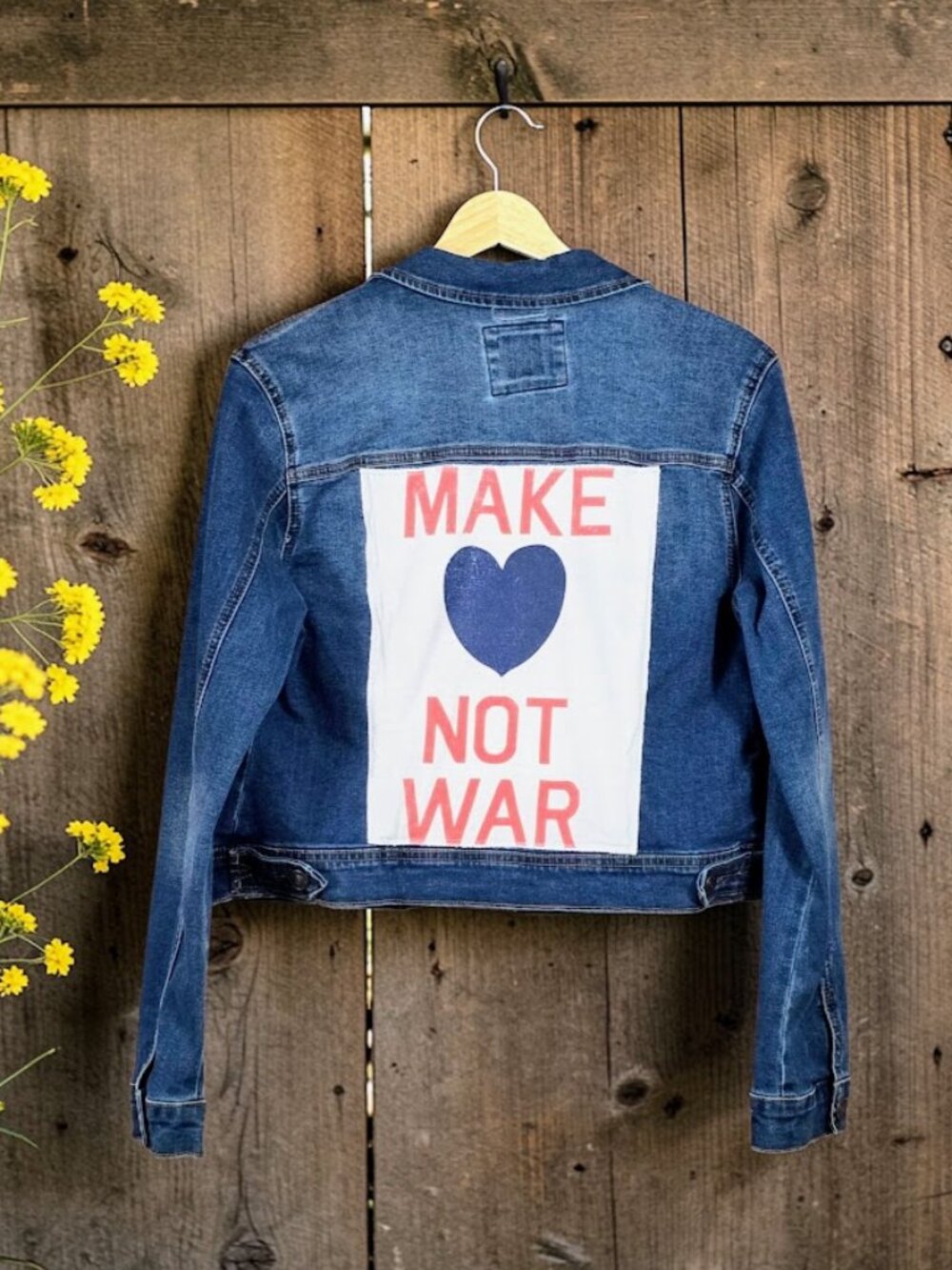 Upcycled Make Love Not War Denim Jean Jacket Junior Large